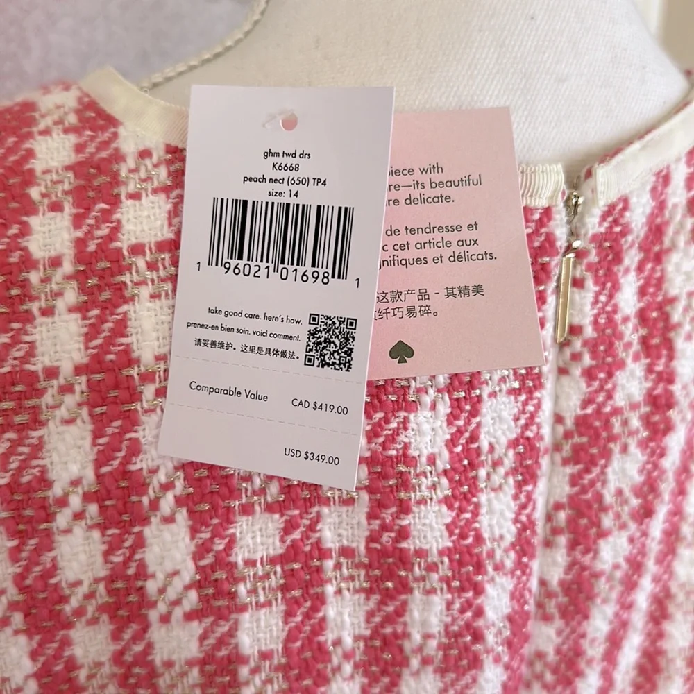 NWT Kate Spade Gingham Flutter Hem Sleeveless Tweed Dress Peach Nectar - Picture 5 of 5